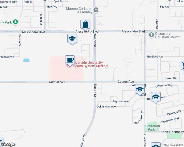 map of restaurants, bars, coffee shops, grocery stores, and more near 14375 Nason Street in Moreno Valley