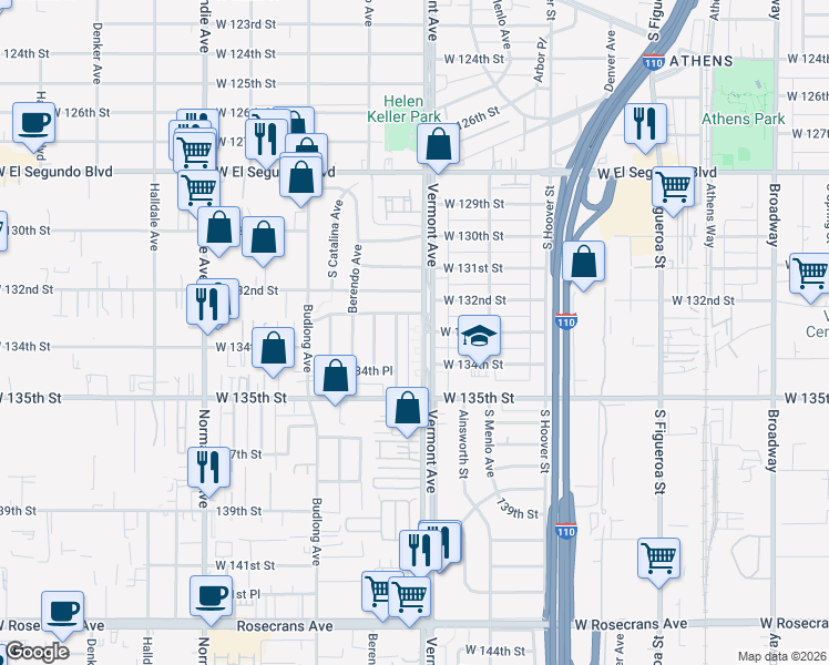 map of restaurants, bars, coffee shops, grocery stores, and more near 1031 West 133rd Street in Gardena
