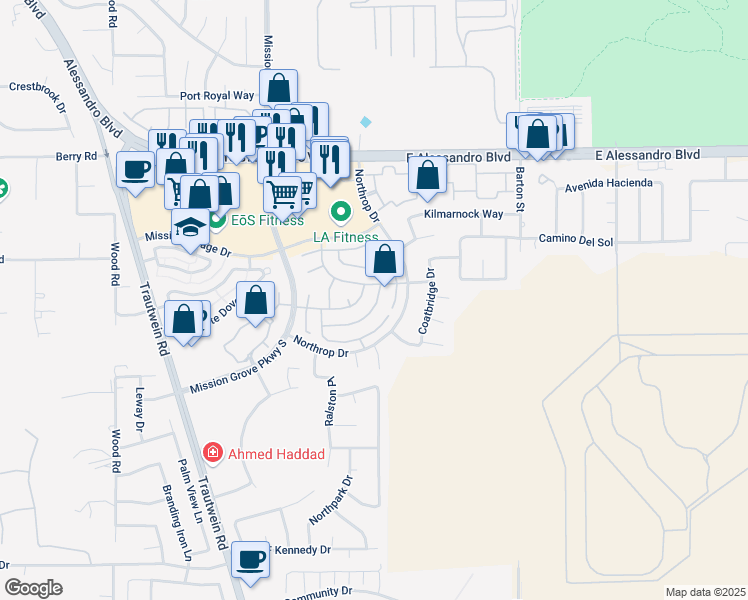 map of restaurants, bars, coffee shops, grocery stores, and more near 19648 Botany Bay Road in Riverside
