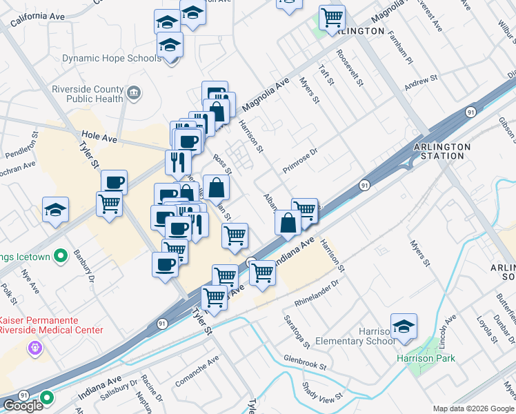 map of restaurants, bars, coffee shops, grocery stores, and more near 3595 Ross Street in Riverside