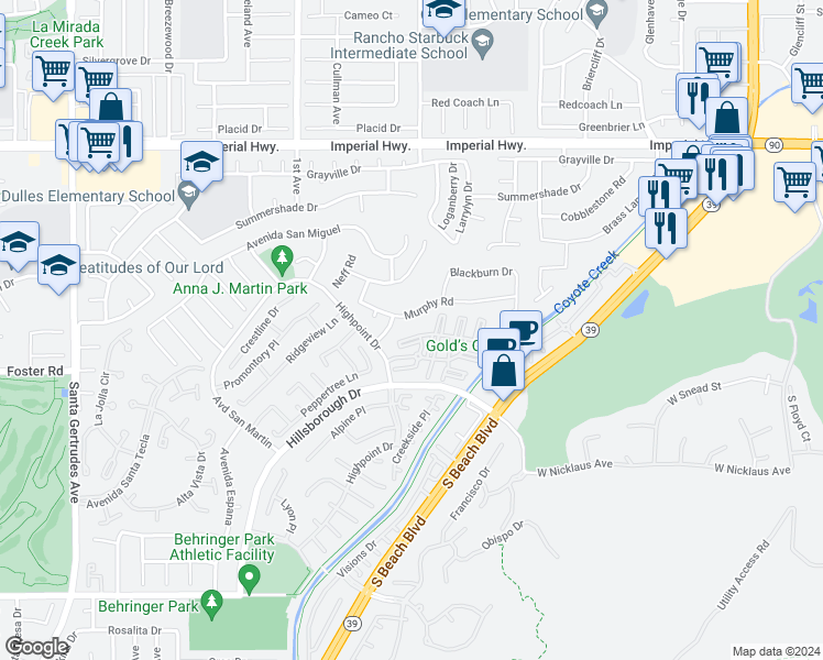 map of restaurants, bars, coffee shops, grocery stores, and more near 16425 Murphy Road in La Mirada