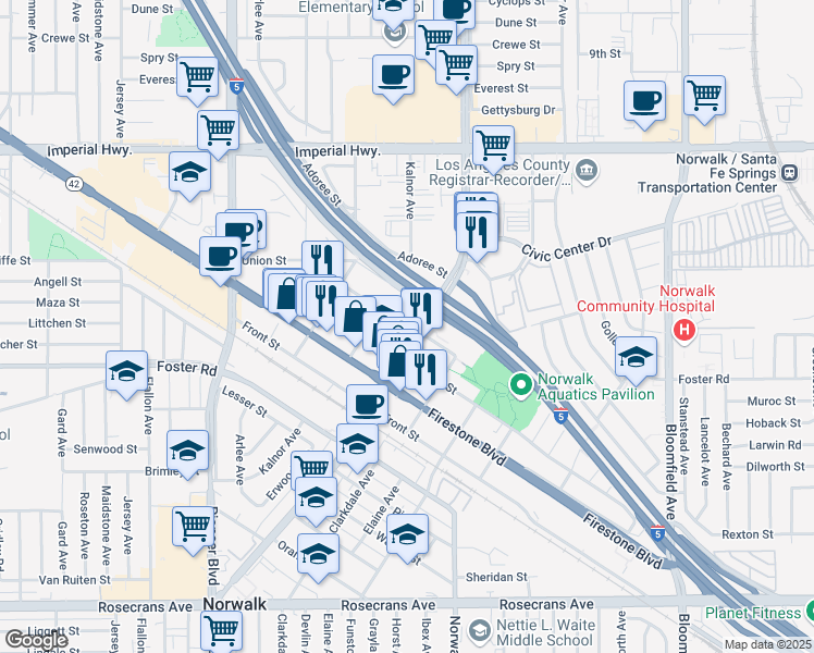 map of restaurants, bars, coffee shops, grocery stores, and more near 12017 Olive Street in Norwalk