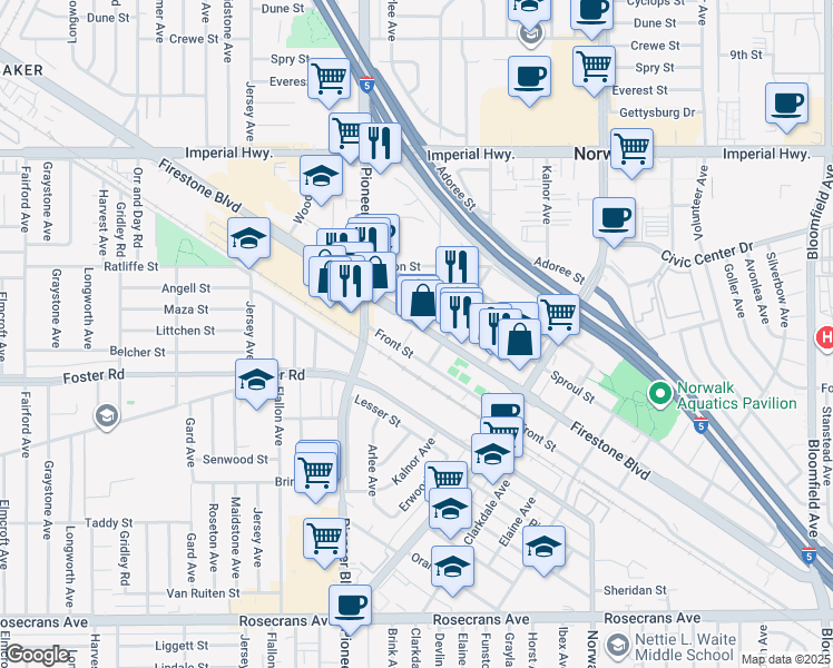 map of restaurants, bars, coffee shops, grocery stores, and more near 11859 Firestone Boulevard in Norwalk