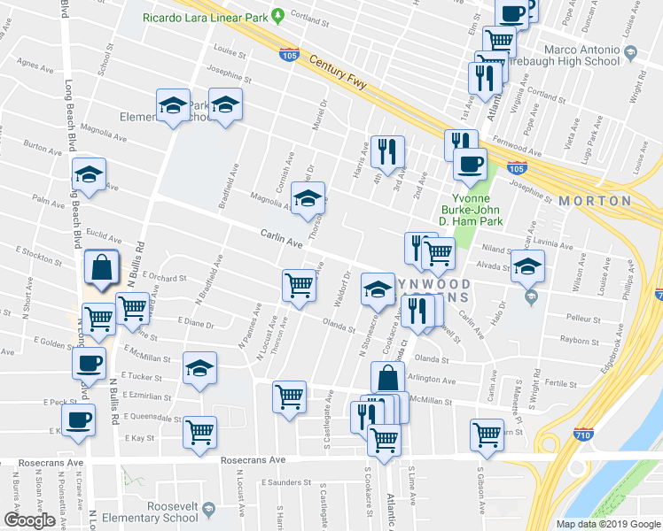 map of restaurants, bars, coffee shops, grocery stores, and more near 4169 Carlin Avenue in Lynwood