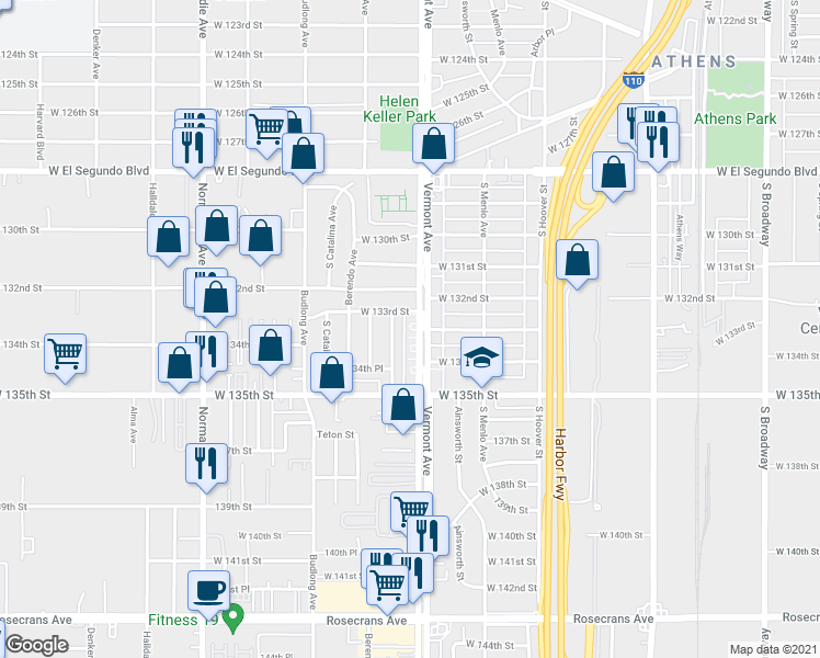 map of restaurants, bars, coffee shops, grocery stores, and more near 1031 West 133rd Street in Gardena