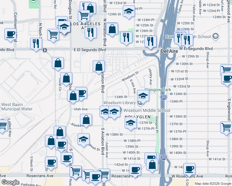 map of restaurants, bars, coffee shops, grocery stores, and more near 5524 Wiseburn Street in Hawthorne