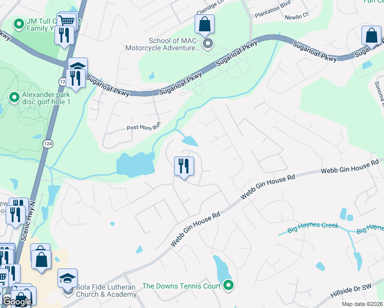 map of restaurants, bars, coffee shops, grocery stores, and more near 1366 Wind Chime Court in Lawrenceville