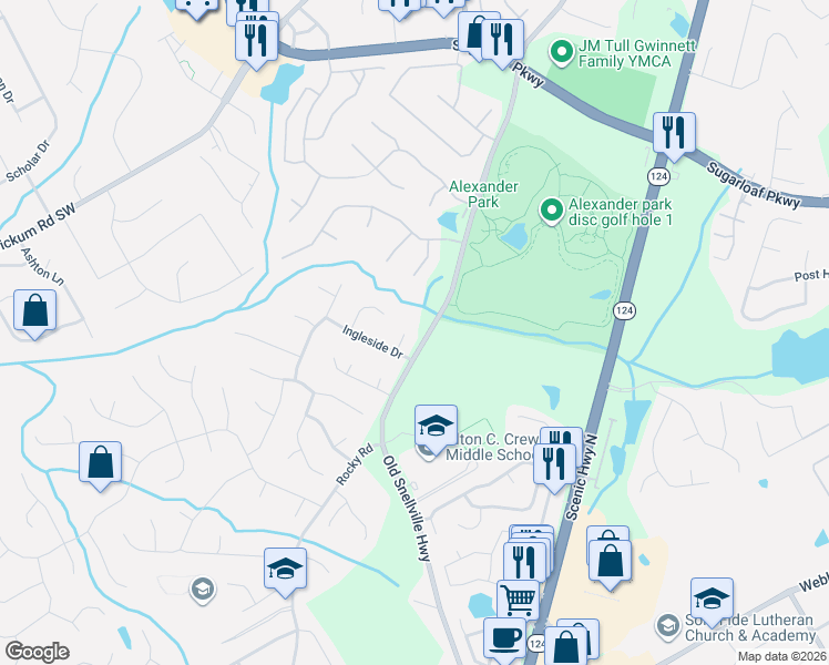 map of restaurants, bars, coffee shops, grocery stores, and more near 1404 Chatsworth Trce in Lawrenceville