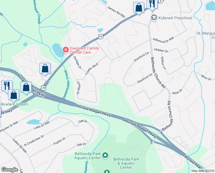 map of restaurants, bars, coffee shops, grocery stores, and more near 260 Hammett Road Northwest in Lawrenceville