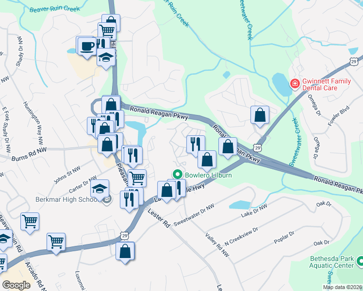 map of restaurants, bars, coffee shops, grocery stores, and more near 1614 Summer Ridge Lane in Lawrenceville