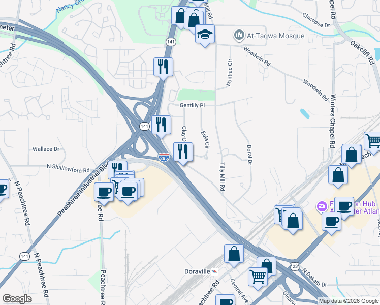 map of restaurants, bars, coffee shops, grocery stores, and more near 3984 Eula Circle in Doraville