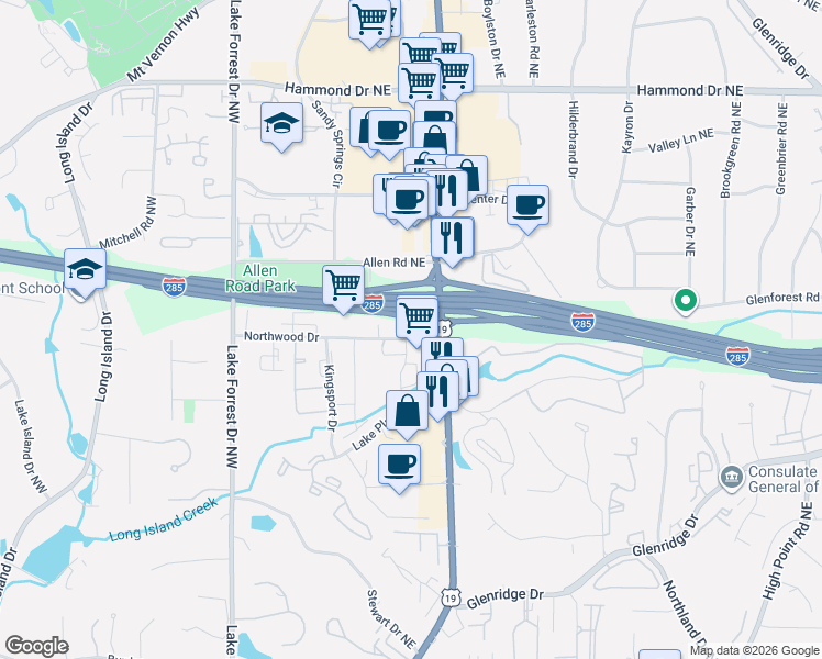 map of restaurants, bars, coffee shops, grocery stores, and more near 5750 Roswell Road Northeast in Atlanta