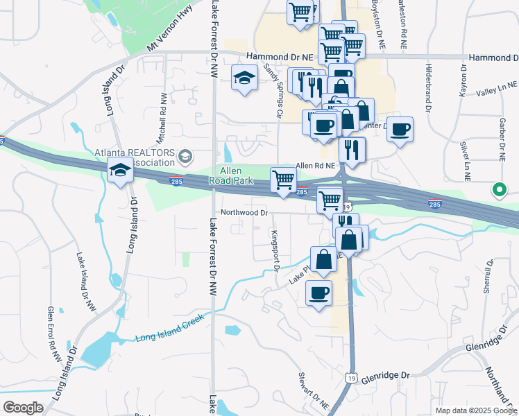 map of restaurants, bars, coffee shops, grocery stores, and more near 66 Northwood Drive in Atlanta