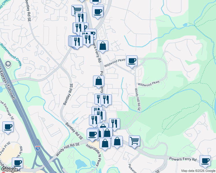 map of restaurants, bars, coffee shops, grocery stores, and more near 2951 Rivergreen Lane in Atlanta