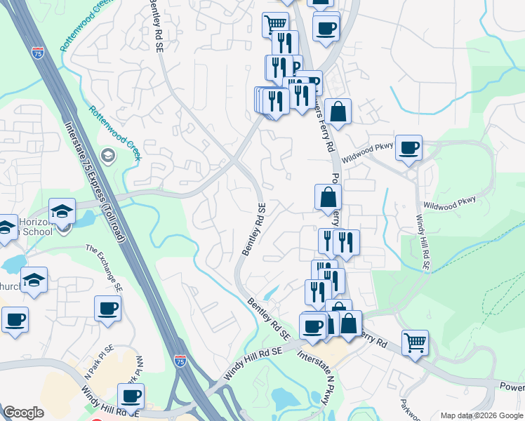 map of restaurants, bars, coffee shops, grocery stores, and more near 401 Wynnes Ridge Circle in Marietta