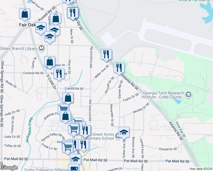 map of restaurants, bars, coffee shops, grocery stores, and more near 1680 Aircraft Drive Southeast in Marietta