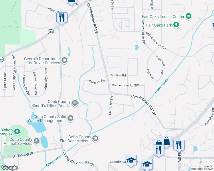 map of restaurants, bars, coffee shops, grocery stores, and more near 725 Carolina Road in Marietta