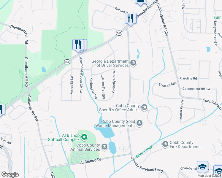 map of restaurants, bars, coffee shops, grocery stores, and more near 1746 Kimberly Drive Southwest in Marietta