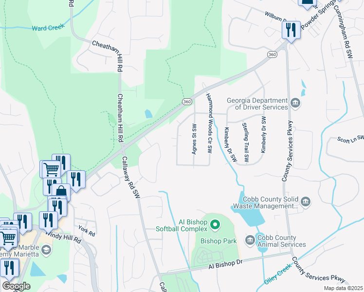 map of restaurants, bars, coffee shops, grocery stores, and more near 1788 Hammond Woods Circle Southwest in Marietta