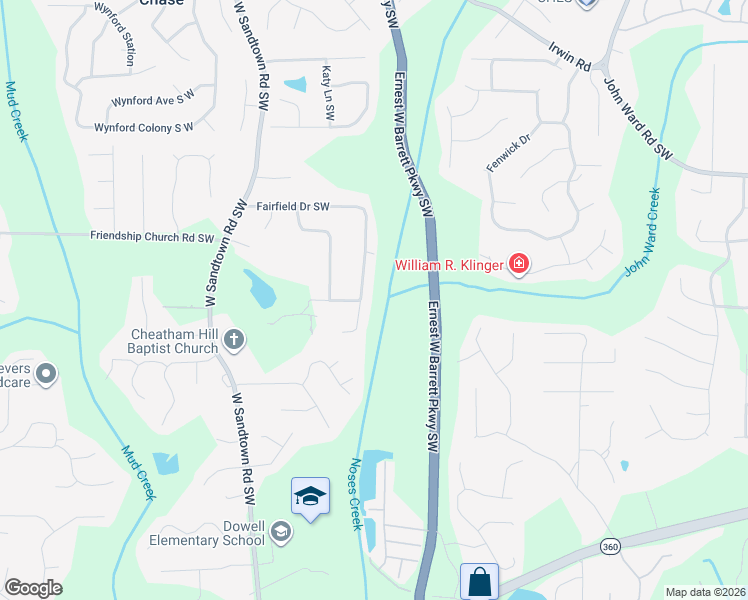 map of restaurants, bars, coffee shops, grocery stores, and more near 2562 Fairfield Drive Southwest in Marietta
