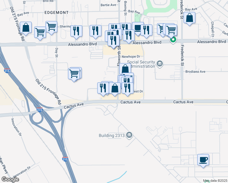 map of restaurants, bars, coffee shops, grocery stores, and more near Elsworth Street in Moreno Valley