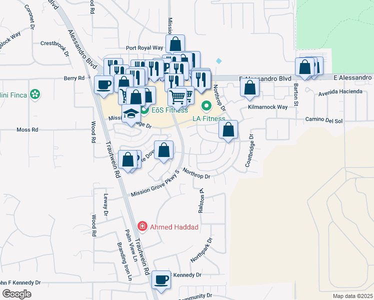 map of restaurants, bars, coffee shops, grocery stores, and more near 11130 Mathilda Lane in Riverside