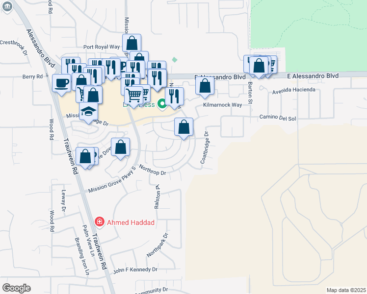 map of restaurants, bars, coffee shops, grocery stores, and more near 5280 Melbourne Place in Riverside