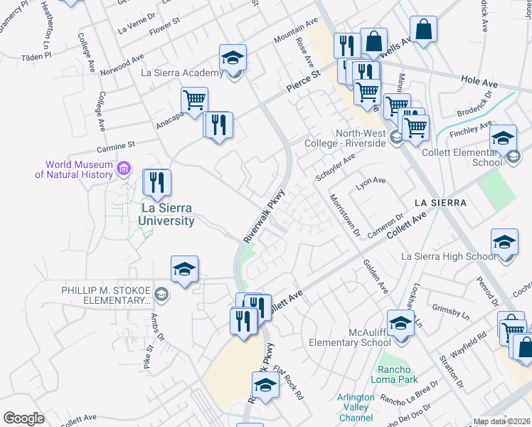 map of restaurants, bars, coffee shops, grocery stores, and more near Riverwalk Parkway & Sierra Vista Avenue in Riverside