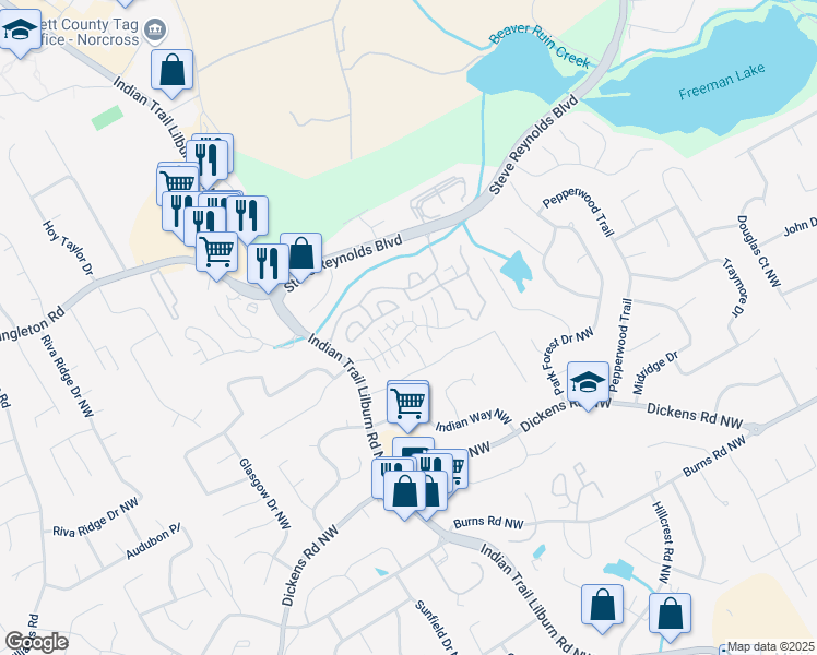 map of restaurants, bars, coffee shops, grocery stores, and more near 4828 Westridge Drive in Norcross