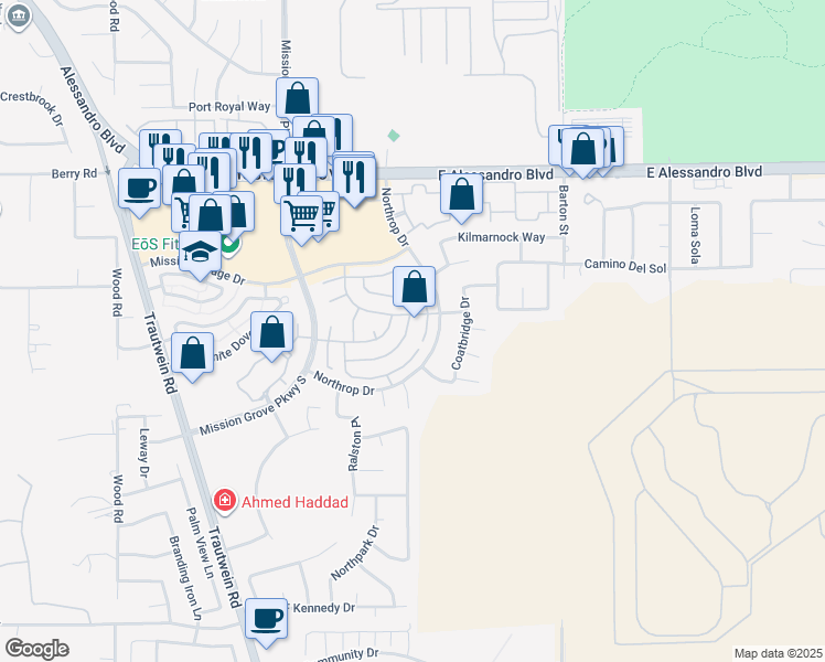 map of restaurants, bars, coffee shops, grocery stores, and more near 5280 Melbourne Place in Riverside