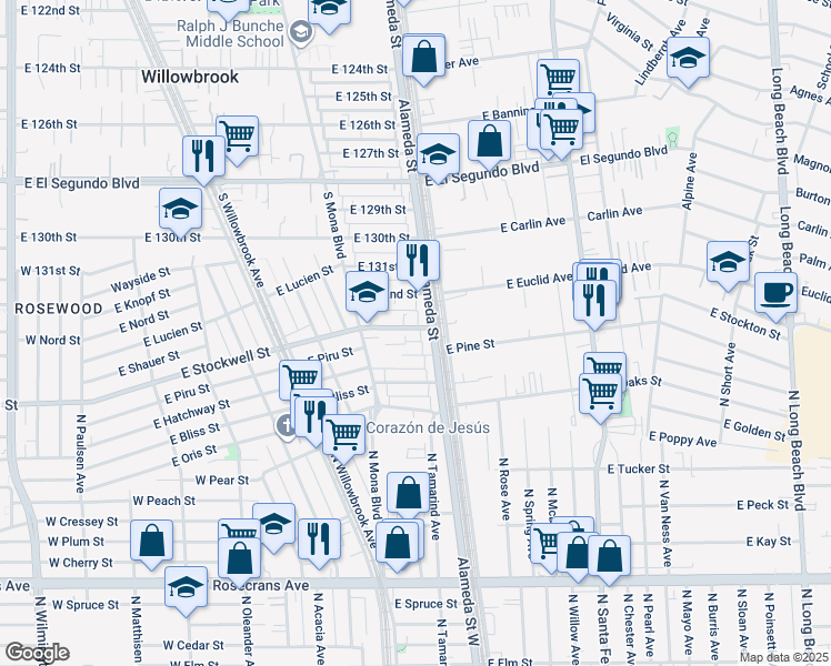 map of restaurants, bars, coffee shops, grocery stores, and more near 2535 East 133rd Street in Compton