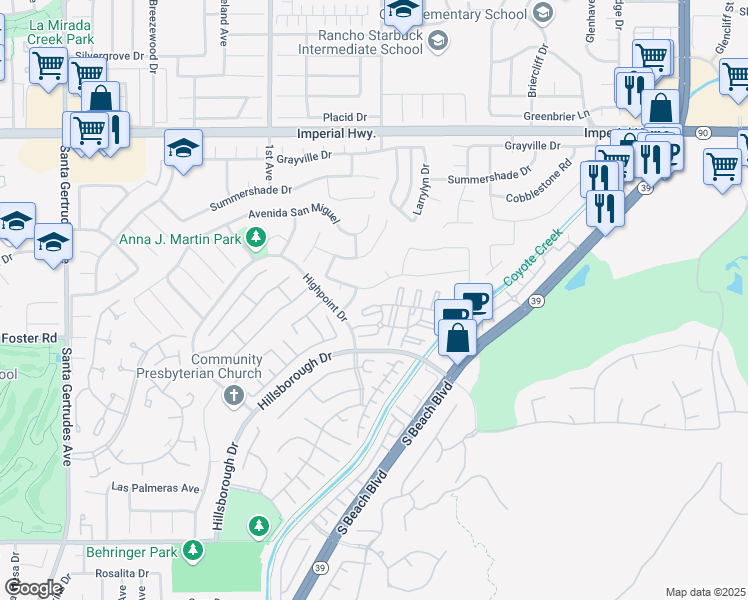 map of restaurants, bars, coffee shops, grocery stores, and more near 16411 Fitzpatrick Court in La Mirada