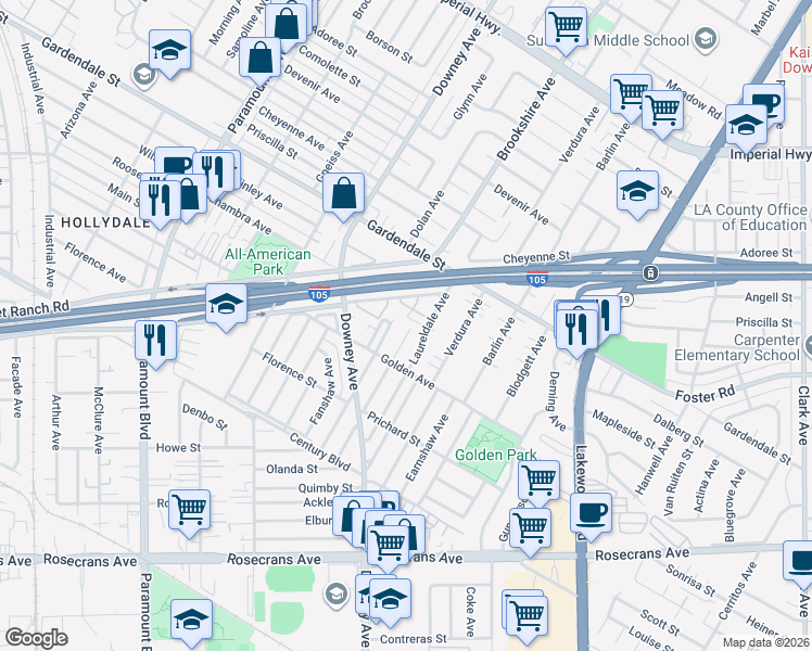 map of restaurants, bars, coffee shops, grocery stores, and more near 13317 Bixler Avenue in Downey