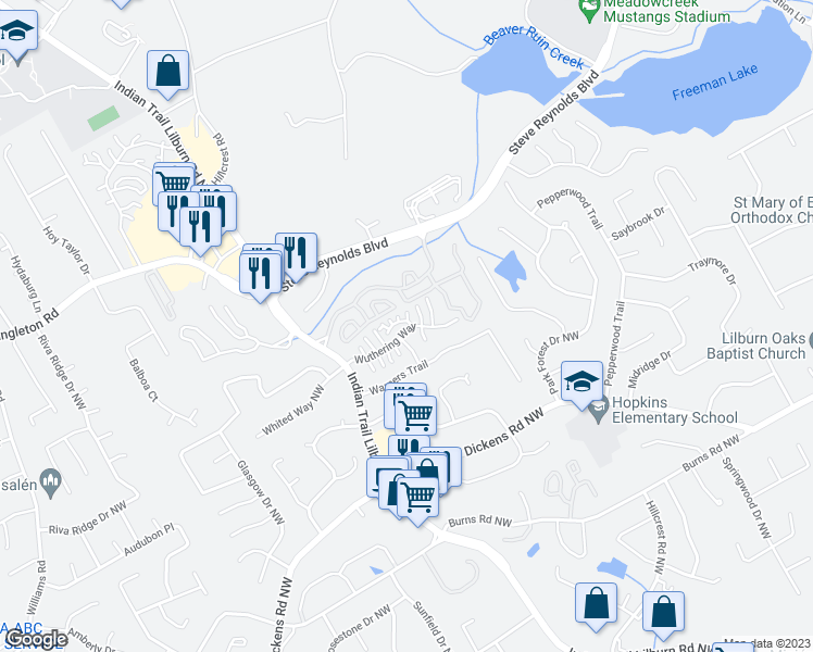 map of restaurants, bars, coffee shops, grocery stores, and more near 4838 Westridge Drive in Norcross