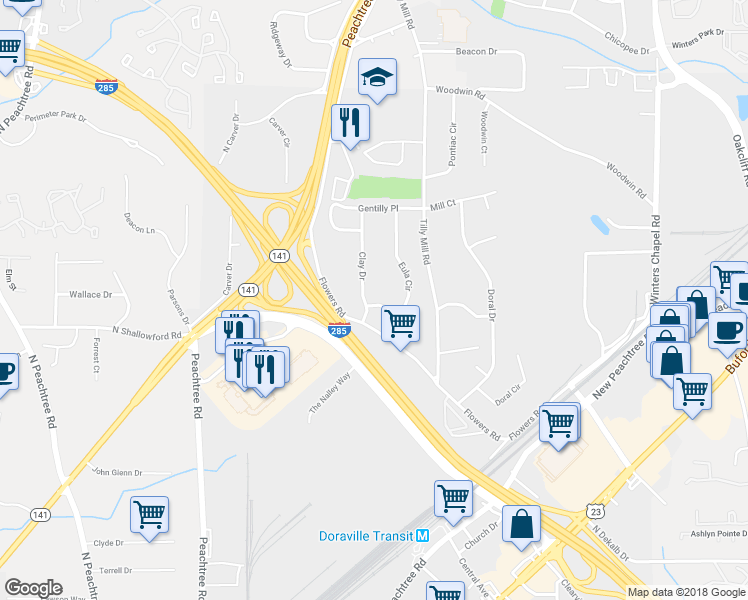 map of restaurants, bars, coffee shops, grocery stores, and more near 3984 Eula Circle in Doraville