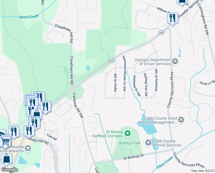 map of restaurants, bars, coffee shops, grocery stores, and more near 1788 Hammond Woods Circle Southwest in Marietta