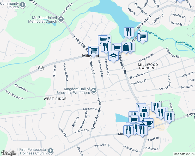map of restaurants, bars, coffee shops, grocery stores, and more near 165 Lynam Road in Sumter