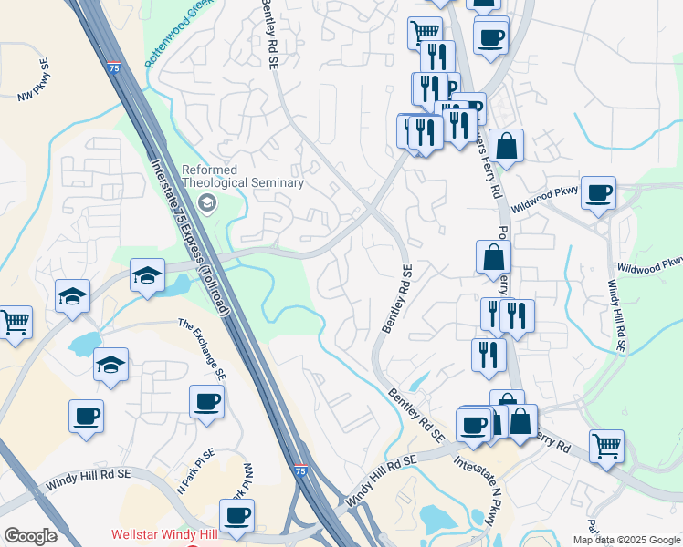map of restaurants, bars, coffee shops, grocery stores, and more near 1557 Terrell Mill Road in Marietta