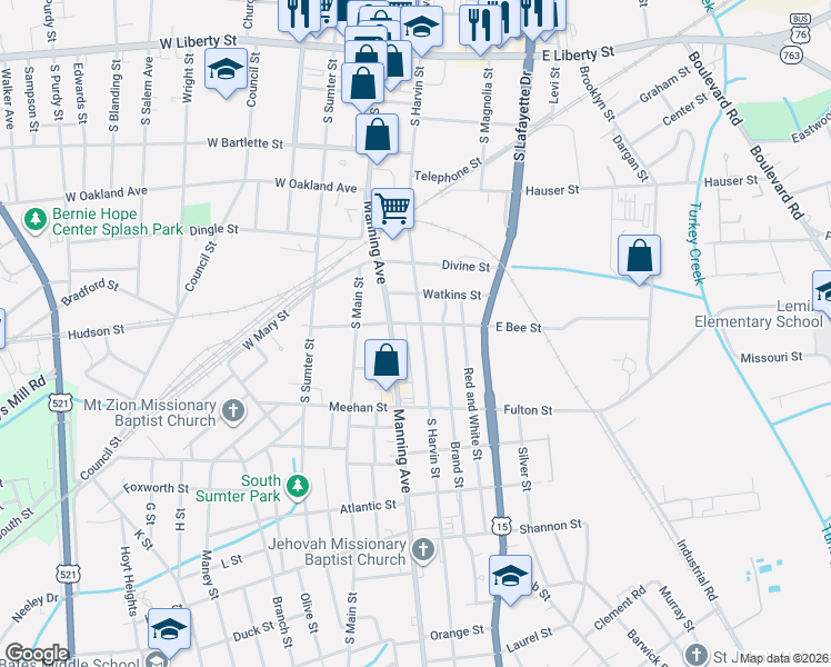 map of restaurants, bars, coffee shops, grocery stores, and more near 415 South Harvin Street in Sumter