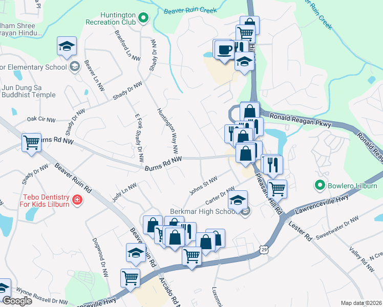map of restaurants, bars, coffee shops, grocery stores, and more near 4017 Burns Road Northwest in Lilburn