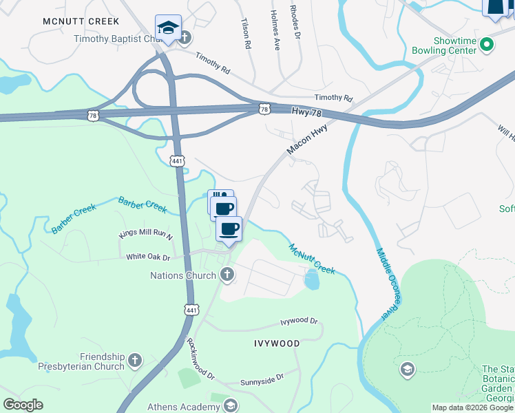 map of restaurants, bars, coffee shops, grocery stores, and more near 1095 Macon Highway in Athens