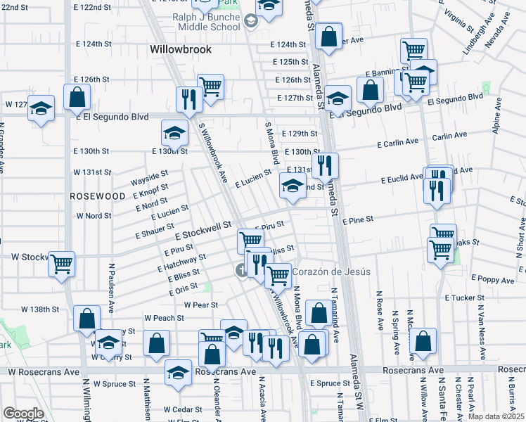 map of restaurants, bars, coffee shops, grocery stores, and more near 13217 South Penrose Avenue in Compton