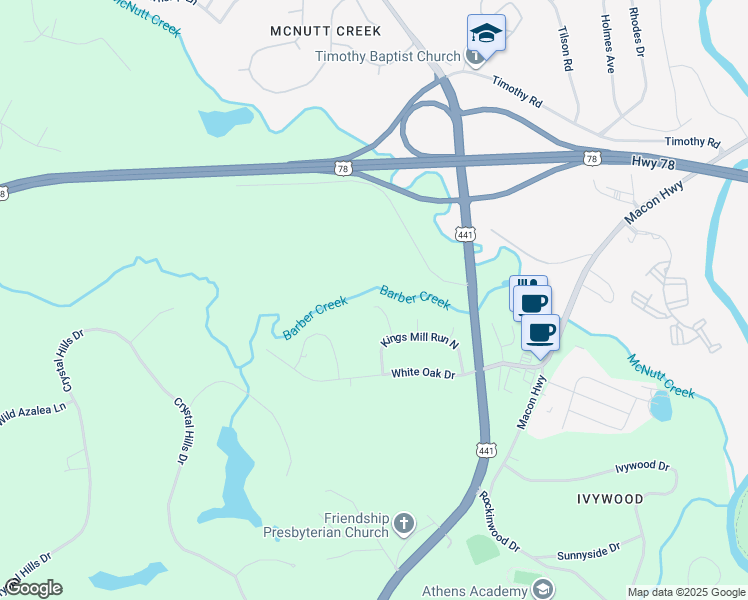 map of restaurants, bars, coffee shops, grocery stores, and more near 1060 Sourwood Court in Athens