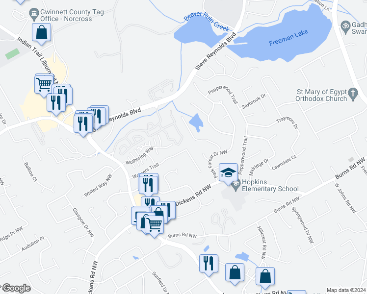 map of restaurants, bars, coffee shops, grocery stores, and more near 4717 Warners Trail in Norcross
