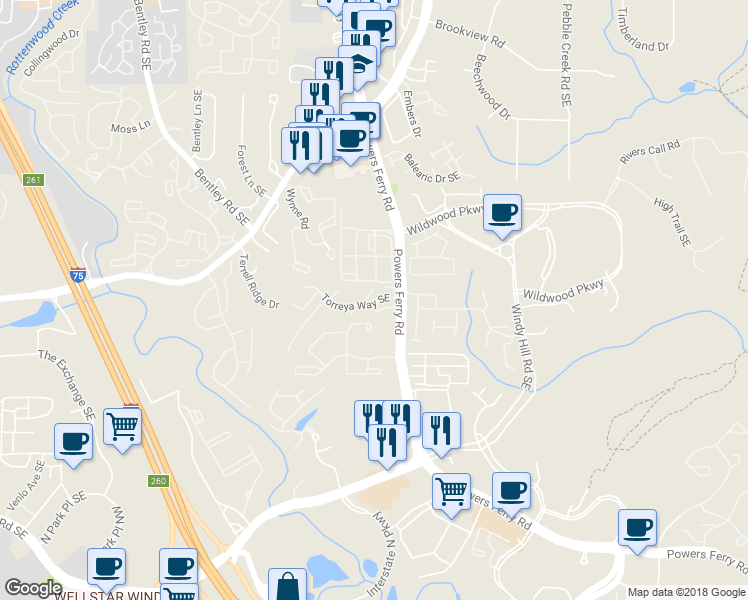map of restaurants, bars, coffee shops, grocery stores, and more near 2937 Torreya Way Southeast in Marietta