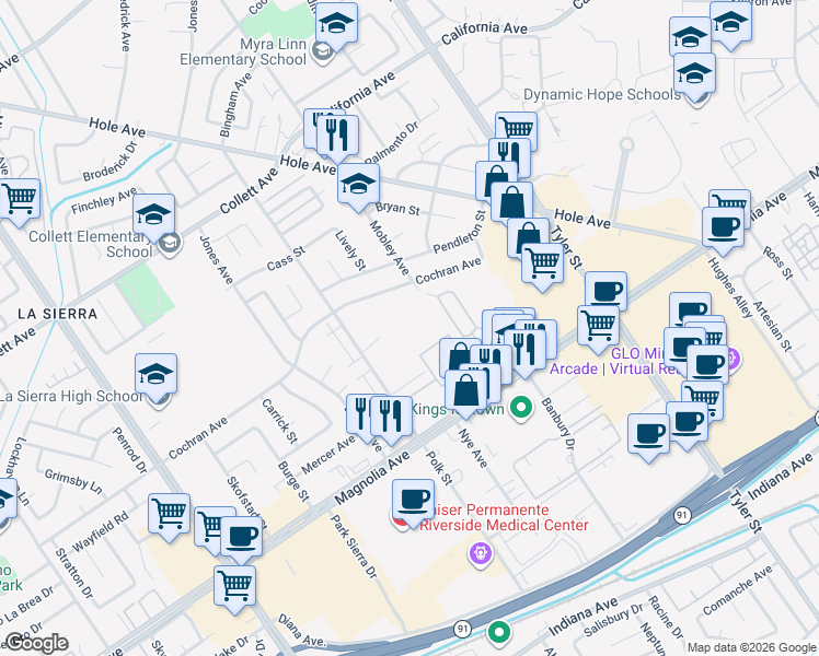 map of restaurants, bars, coffee shops, grocery stores, and more near 3941 Polk Street in Riverside