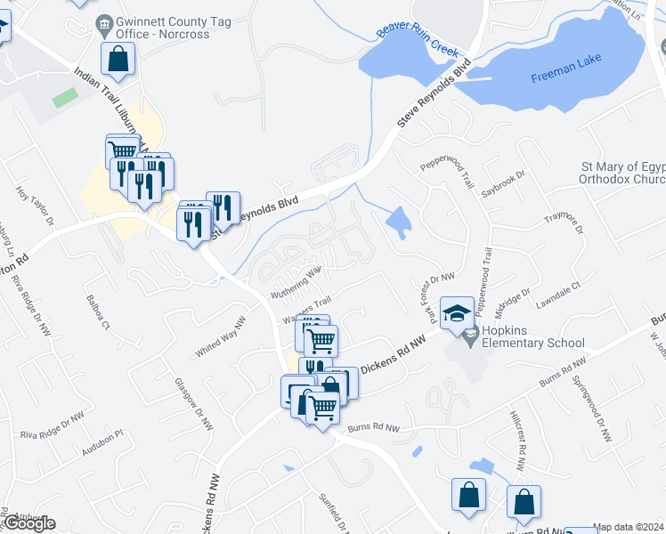map of restaurants, bars, coffee shops, grocery stores, and more near 1036 Rock Creek Lane in Norcross