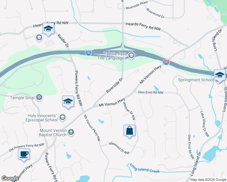 map of restaurants, bars, coffee shops, grocery stores, and more near 5760 Riverside Drive in Atlanta