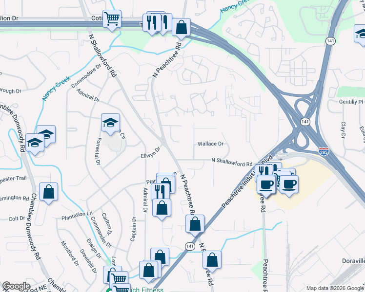 map of restaurants, bars, coffee shops, grocery stores, and more near 3995 Elm Street in Chamblee