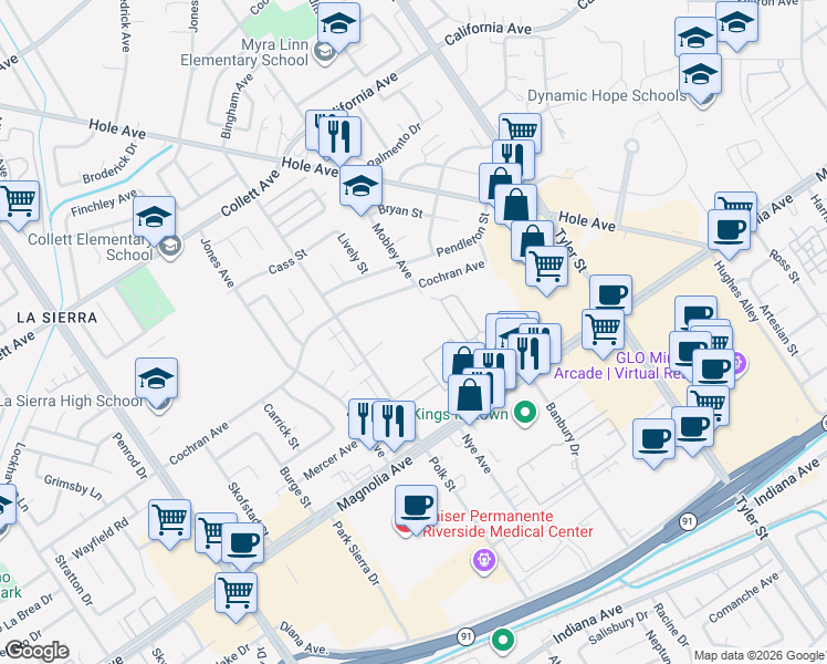 map of restaurants, bars, coffee shops, grocery stores, and more near 3941 Polk Street in Riverside